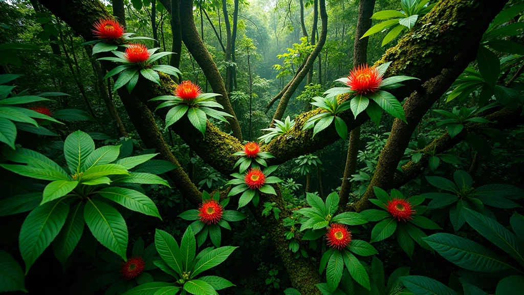 Vista aérea del dosel del bosque mostrando bromelias rojas distribuidas entre las ramas verdes