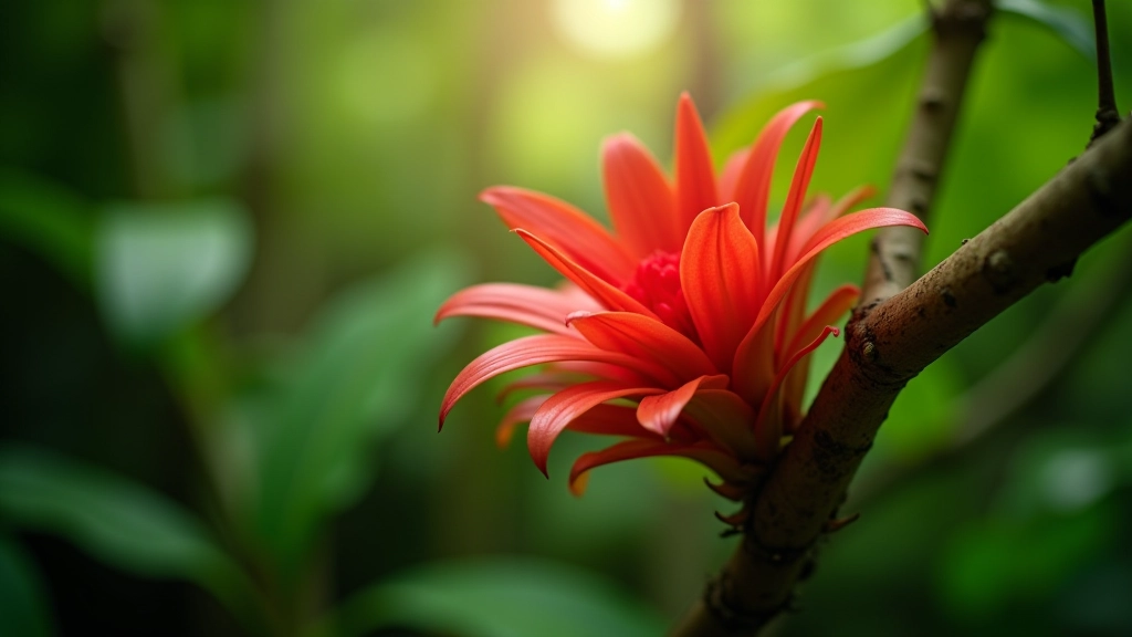 Bromelia tropical roja brillante floreciendo en rama de árbol dentro del dosel del bosque húmedo