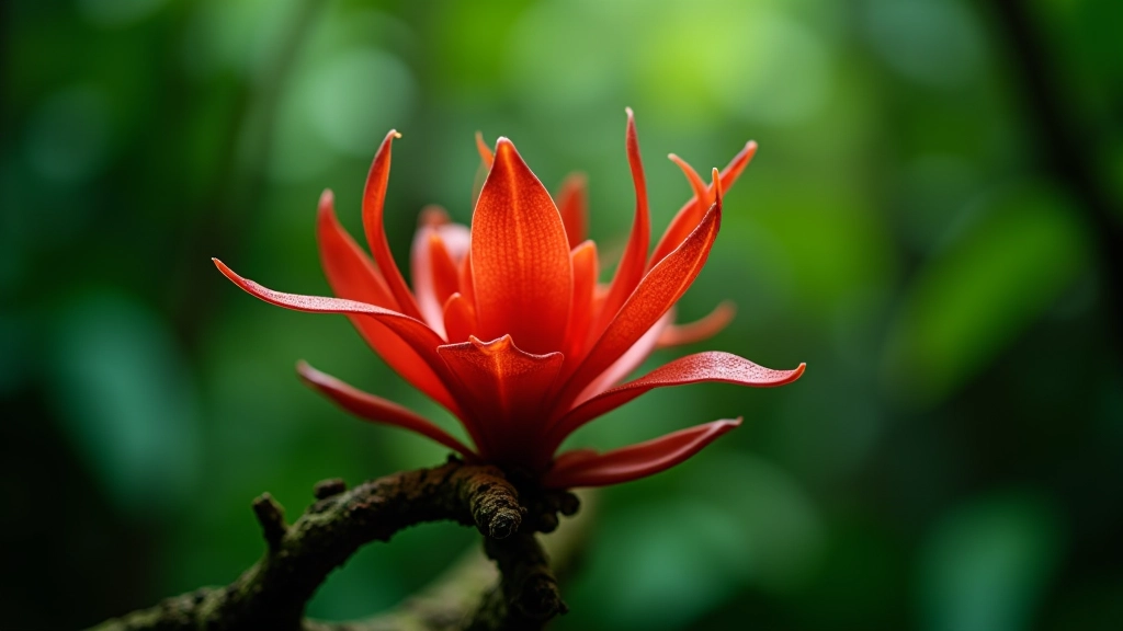 Bromelia tropical roja brillante en rama de árbol dentro del bosque húmedo
