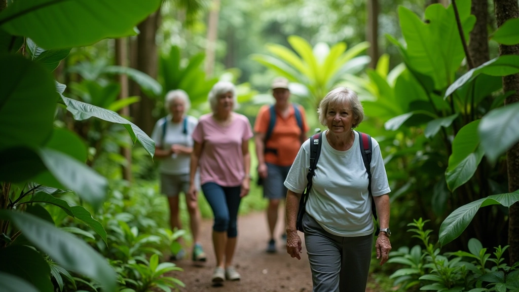 Grupo de jubilados disfrutando de una caminata en el sendero del bosque tropical con guía especializado