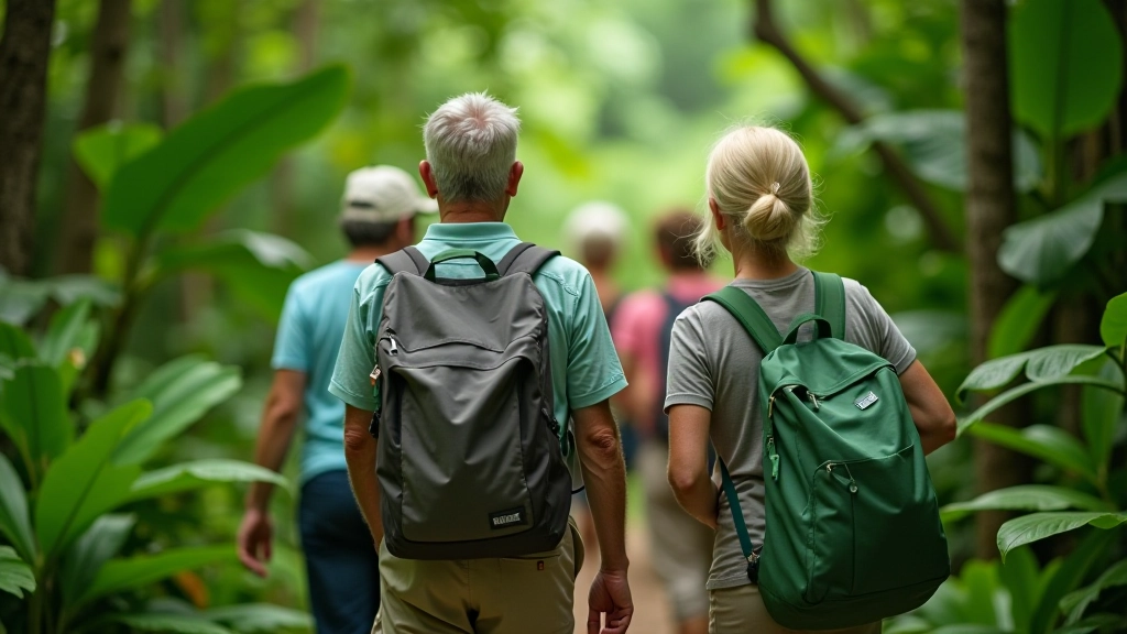 Grupo de personas adultas mayores caminando juntas en sendero del bosque tropical