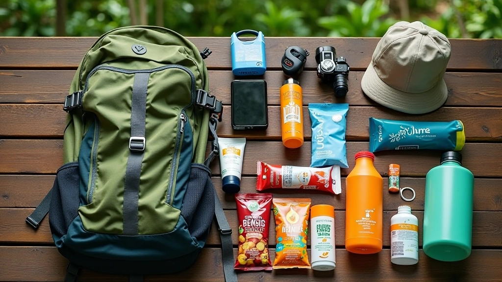 Mochila de senderismo abierta con equipo organizado: botellas de agua, snacks, protector solar, gorro, vendas y otros artículos