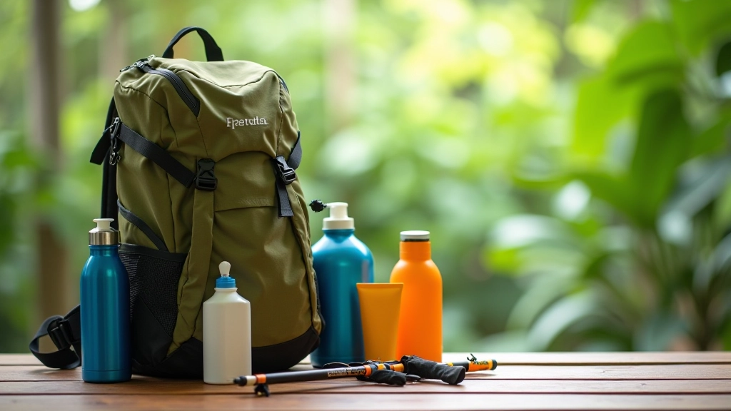 Mochila de senderismo con botellas de agua, protector solar y equipo de seguridad preparado para una excursión
