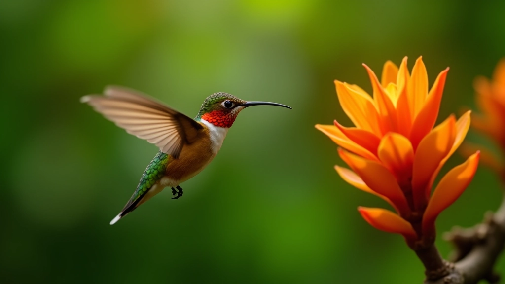 Colibrí rojo visitando flores de bromelia naranja en el bosque tropical