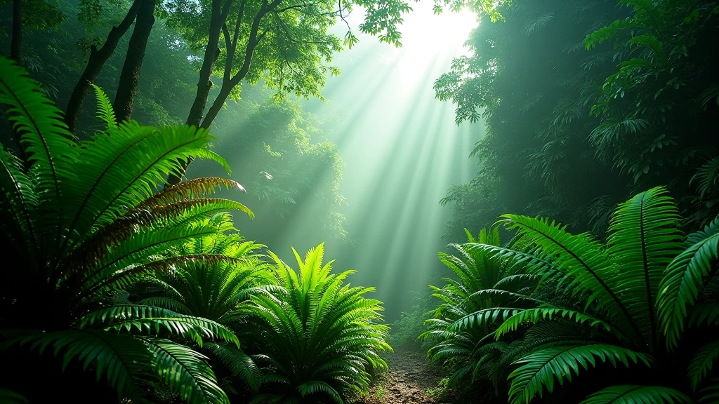 Bosque tropical exuberante con helechos y bromelias, luz solar filtrándose entre hojas verdes