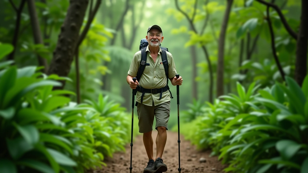 Caminante adulto mayor caminando en sendero con bastón de trekking, disfrutando del bosque tropical