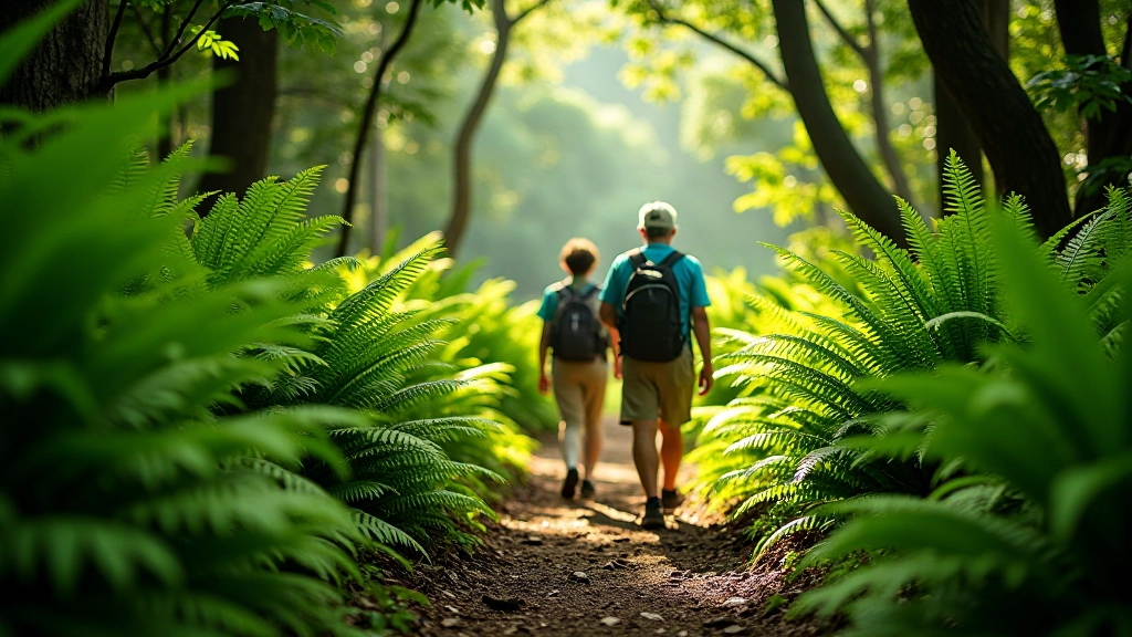 Grupo de jubilados caminando juntos por sendero tropical rodeado de helechos verdes exuberantes