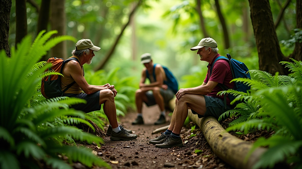Grupo de adultos mayores descansando en un punto de vista del bosque tropical, sentados en troncos, disfrutando de la vista entre helechos