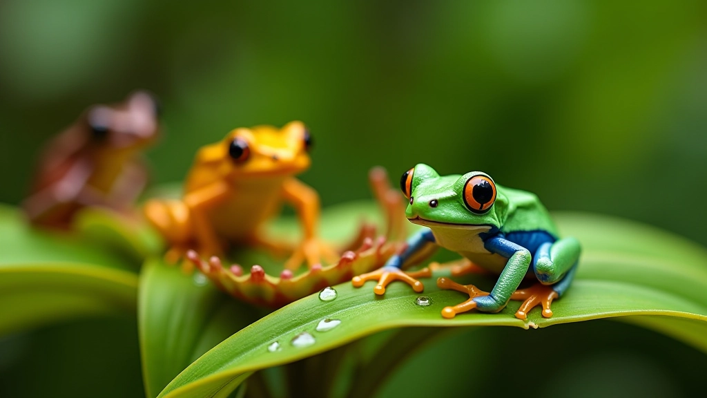 Ranas pequeñas y coloridas en el agua acumulada dentro de una bromelia