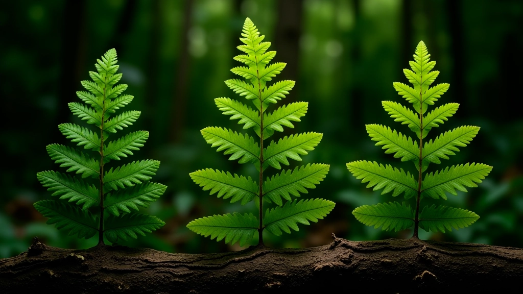 Composición de tres tipos diferentes de helechos del bosque tropical mostrando sus características únicas de forma y textura