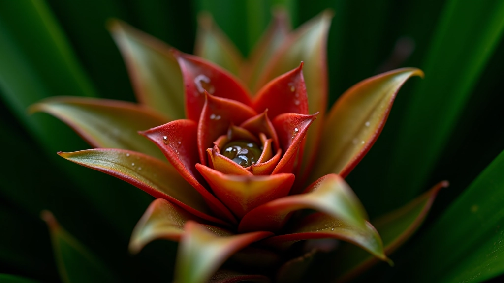 Primer plano de bromelia tropical con estructura de roseta de hojas verdes y rojas