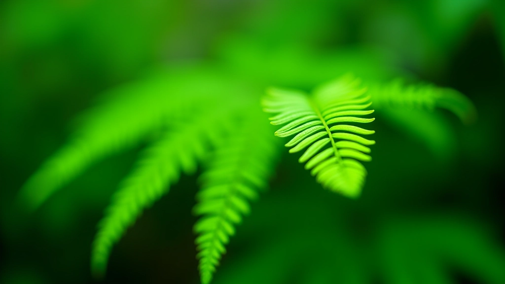 Detalle de helecho tropical con frondas verdes brillantes iluminadas por luz natural del bosque