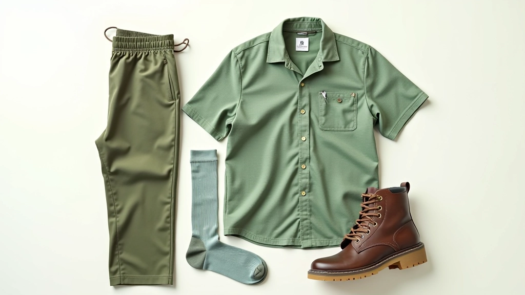 Conjunto de ropa apropiada para senderismo tropical: pantalones ligeros, camiseta transpirable, botas de senderismo y calcetines de trekking