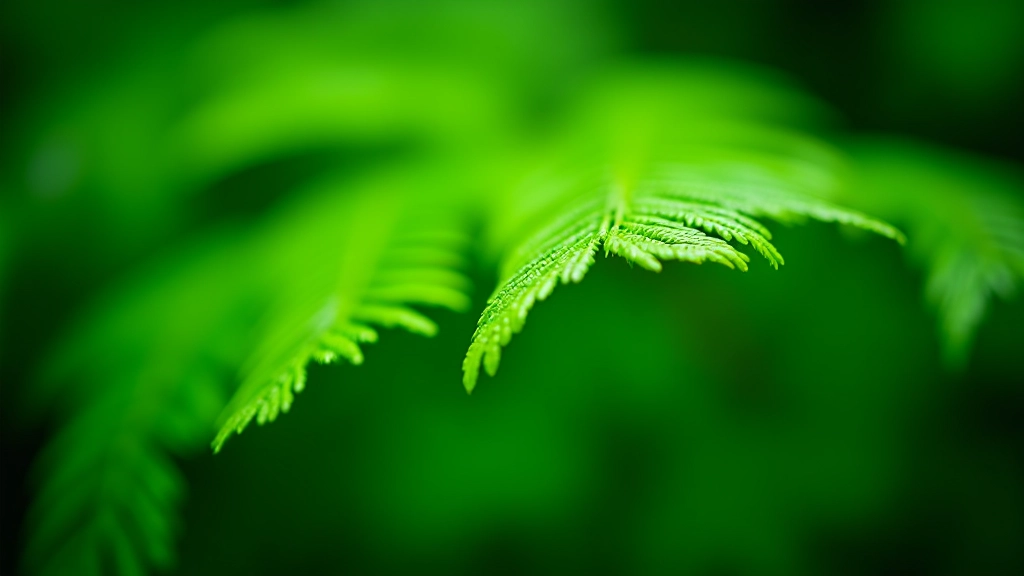 Detalle de frondas de helecho tropical con texturas verdes brillantes en luz natural del bosque