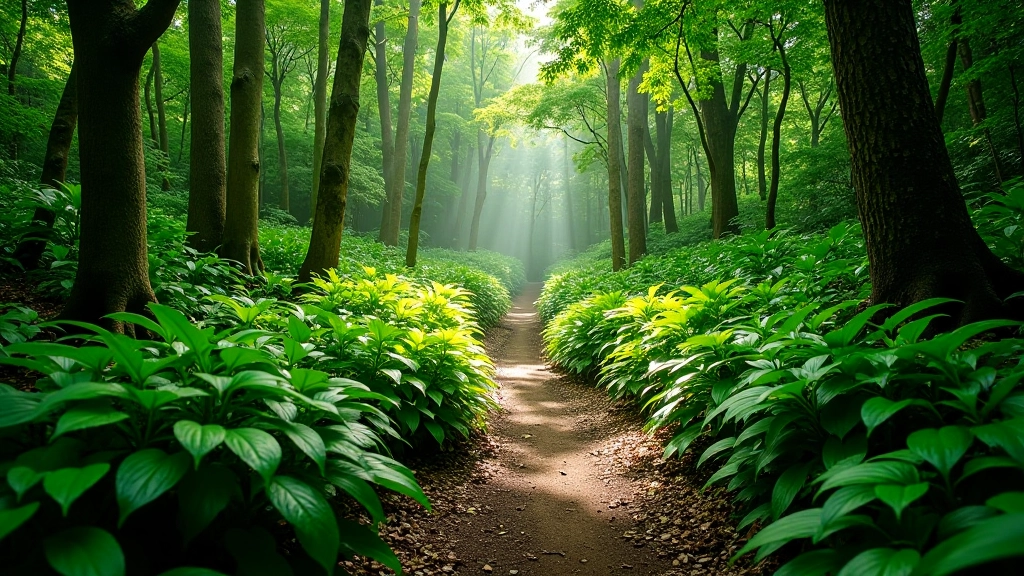 Sendero bien mantenido en El Yunque con vegetación tropical exuberante a ambos lados, luz natural filtrada entre árboles
