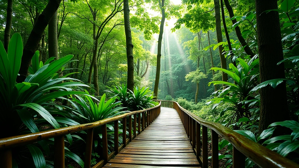 Sendero de tierra rodeado de vegetación densa con puente de madera entre árboles
