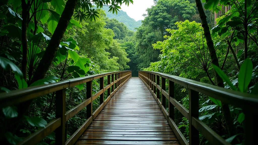 Sendero de tierra ancho con puentes de madera y vegetación tropical exuberante a ambos lados